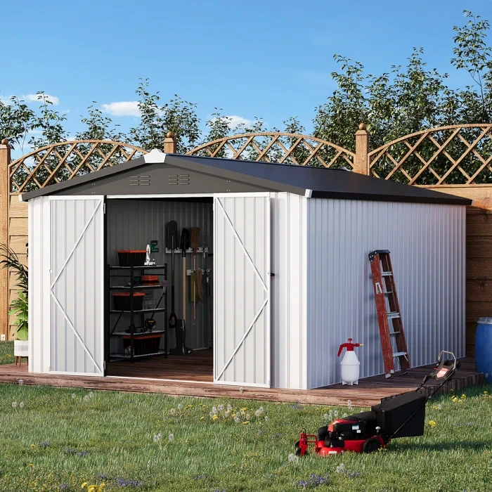 77.6" H x 117.1" W x 163" D  Metal Storage Shed For Outdoor, Outdoor Storage Shed With Design Of Lockable Doors