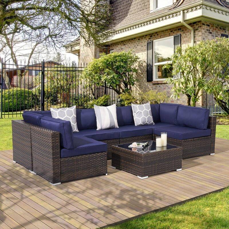 Outdoor 7 Pieces Sectional Sofa Conversation Sets, Patio PE Wicker Rattan Woven, Washable Sponge Cushions With Tea Table