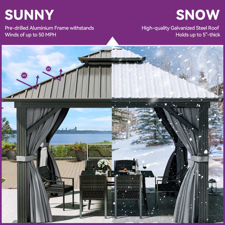 Outdoor Aluminum Hardtop Patio Gazebo with Curtain and Netting