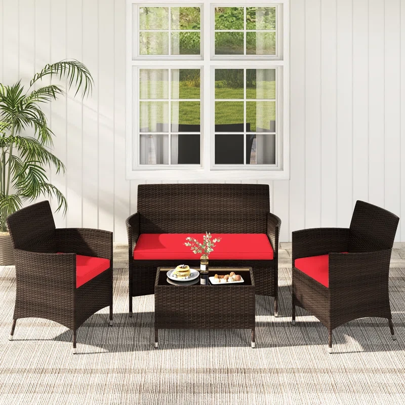 Nealey 4 Pieces Outdoor Rattan Sofa Seating Group with Glass Coffee Table