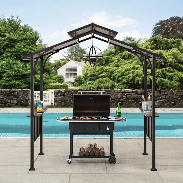 Kent Sunjoy Grill Gazebo 5 ft. x 8 ft. Brown Steel Frame Double Tiered Hardtop Gazebo with Hook