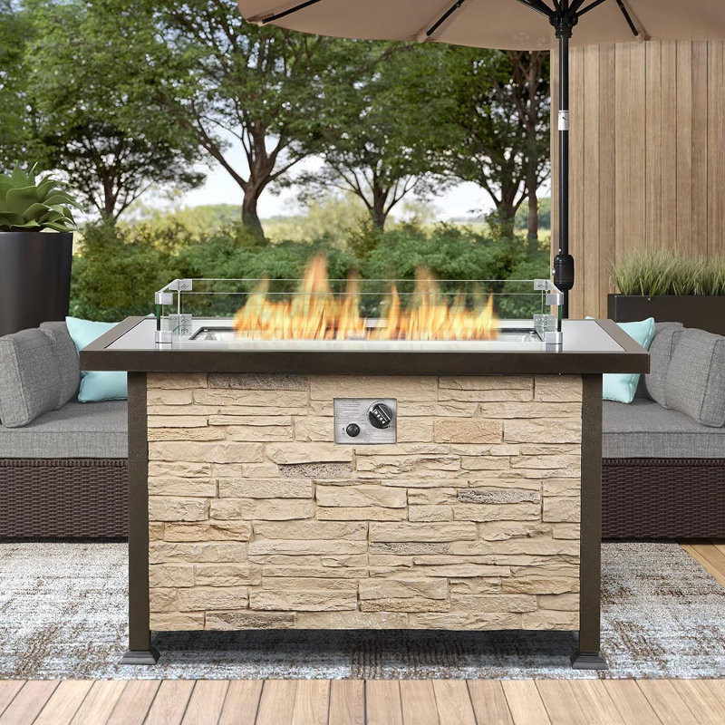 Flonard 24.9'' H x 43.3'' W Stone Propane Outdoor Fire Pit Table with Lid