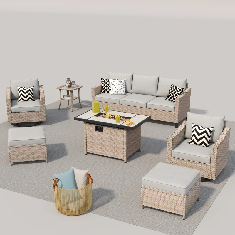 Quantrel 9 Piece Rattan Sofa Seating Group with Cushions & Firepit