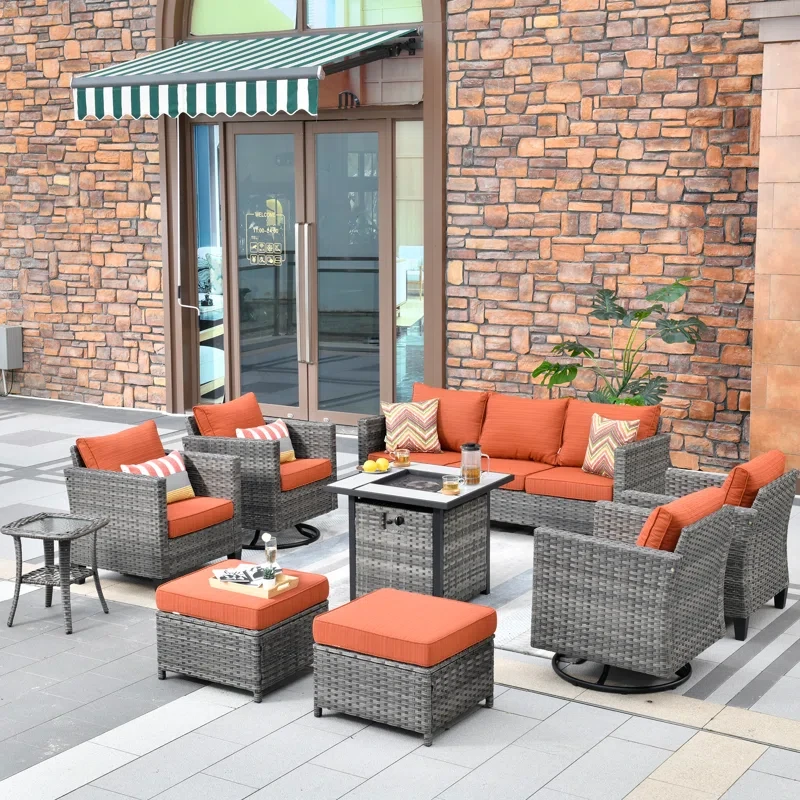 Harbin 7-Person Wicker/Rattan Patio Conversation Set With Cushions With Fire Pit