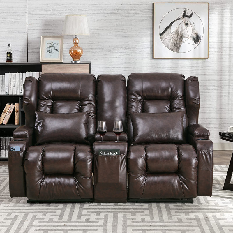 Iyed Faux Leather Home Theater Seating with Cup Holder