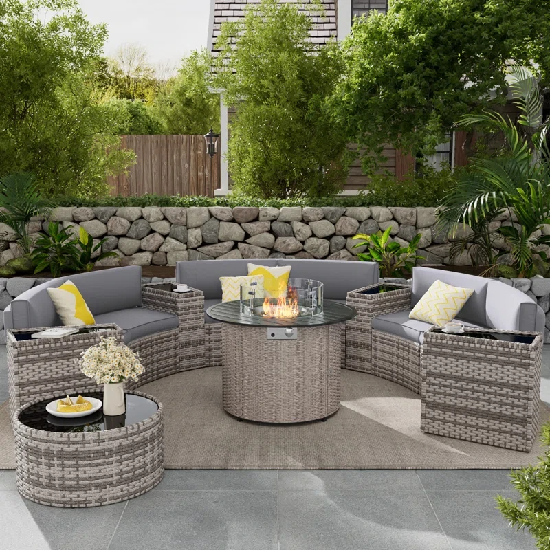 Curved Outdoor Sofa Set - Stylish Wicker with Storage Table & Firepit for Cozy Comfort