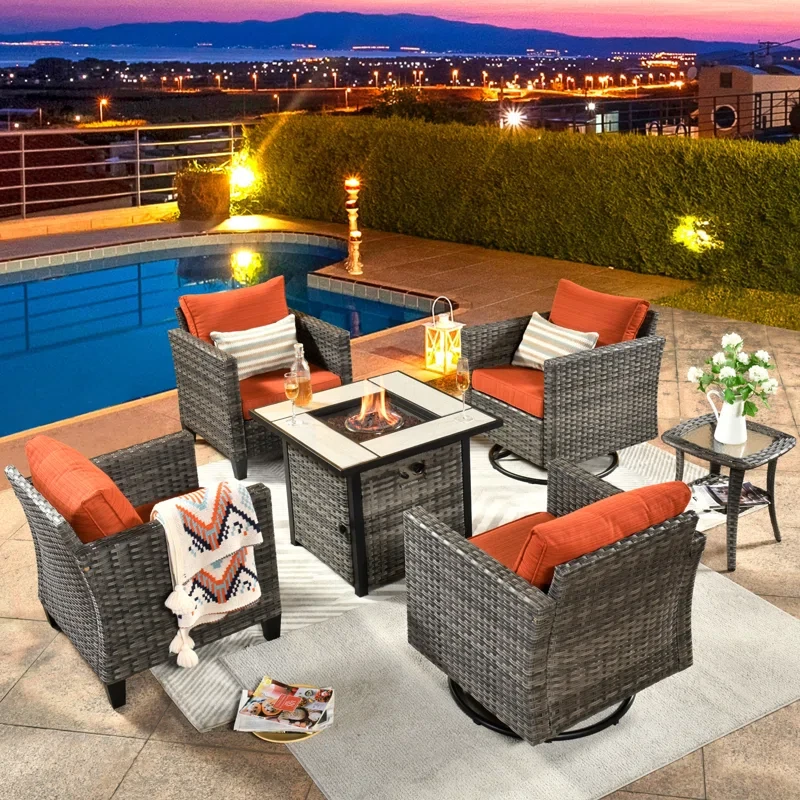 6 Piece Wicker/Rattan Patio Seating Group With Cushions (Fire Pit And Swivel Rocking Chairs Included)