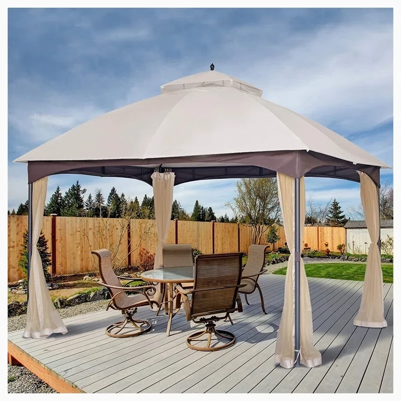 10x12ft Softtop Metal Gazebo with Mosquito Net & Curtains, Double Roof Canopy