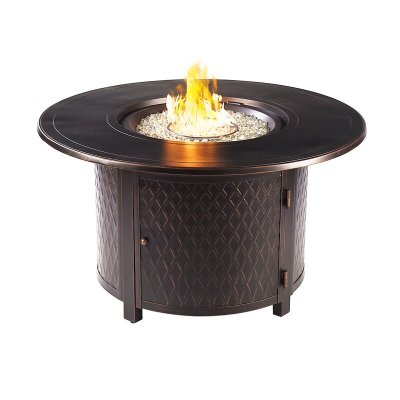 Burgun Round 44 In. X 44 In. Aluminum Propane Fire Pit Table With Glass Beads, Two Covers, Lid, 55,000 Btus In Brown Finish