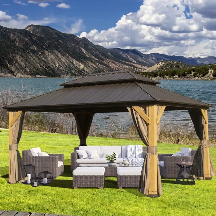 Solid Wood Post Patio Gazebo with Metal Frame