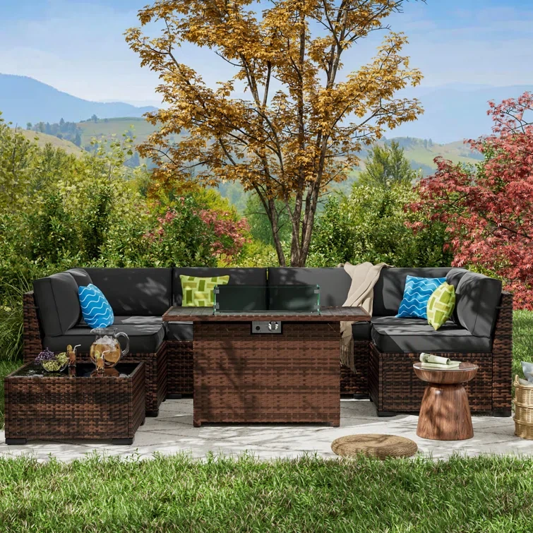 Rikuto 6-Person Slanted-Back Sectional Sofa With Fire Pit Table, Coffee Table