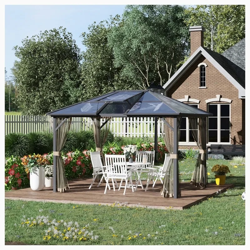 10x12ft Hardtop Gazebo with Polycarbonate Roof, Aluminum Frame, Netting