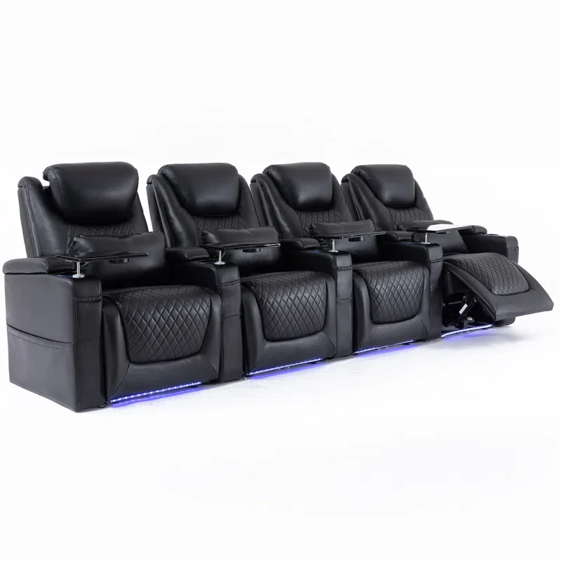 Home Theater Seating Seats, Theater Recliner Chair Sofa Game Movie Theater Chairs With 7 Colors Ambient Lighting, Lumbar Pillow, Side Pocket, Tray Table, Power Recline,( Black,row Of 4)