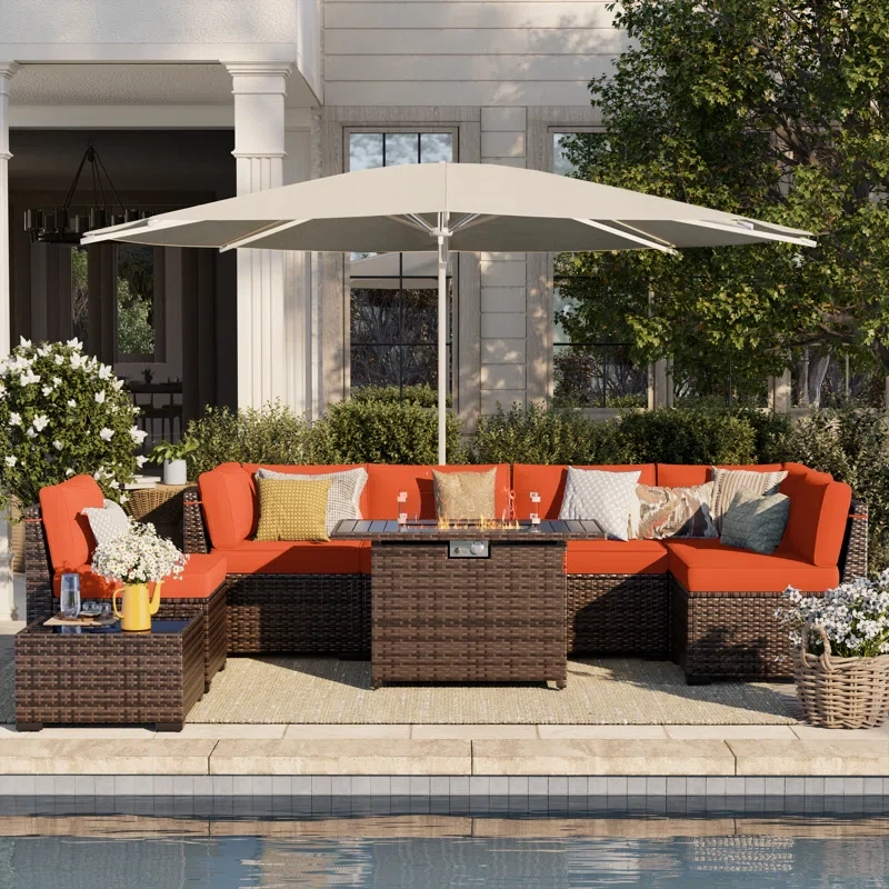 6 person Rattan Sectional Seating Group with Cushions