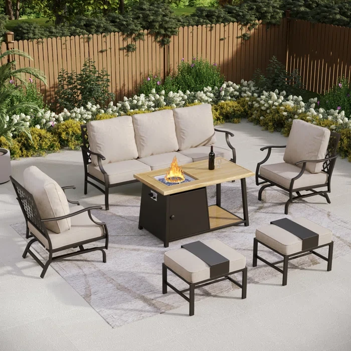 Ariannah 7 - Person Patio Conversation Set with Rocking Lounge Chairs & Firepit Table