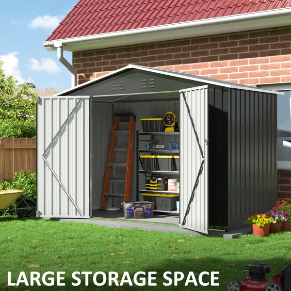 72.8" H x 109.4" W x 51.9" D Outdoor Metal Storage Shed with Updated Frame Structure and Lockable Doors