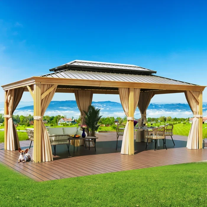 Aluminum Patio Gazebo with Wood Grain 19 ft x 12 ft