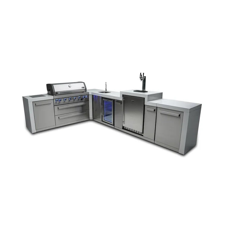 Mont Alpi 6-Burner 90 Degree Deluxe Stainless Steel Outdoor Island Grill + Kegerator + Fridge & Sink