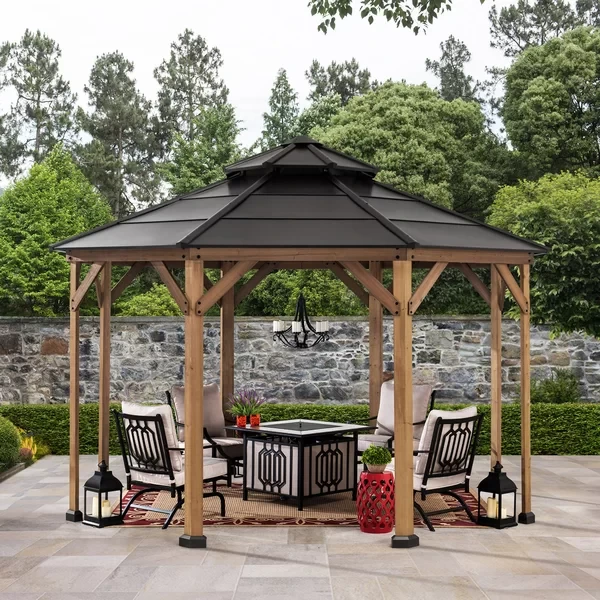 13 Ft. W x 13 Ft. D Patio Cedar Framed Octagonal Gazebo Steel 2-Tier Hardtop Roof