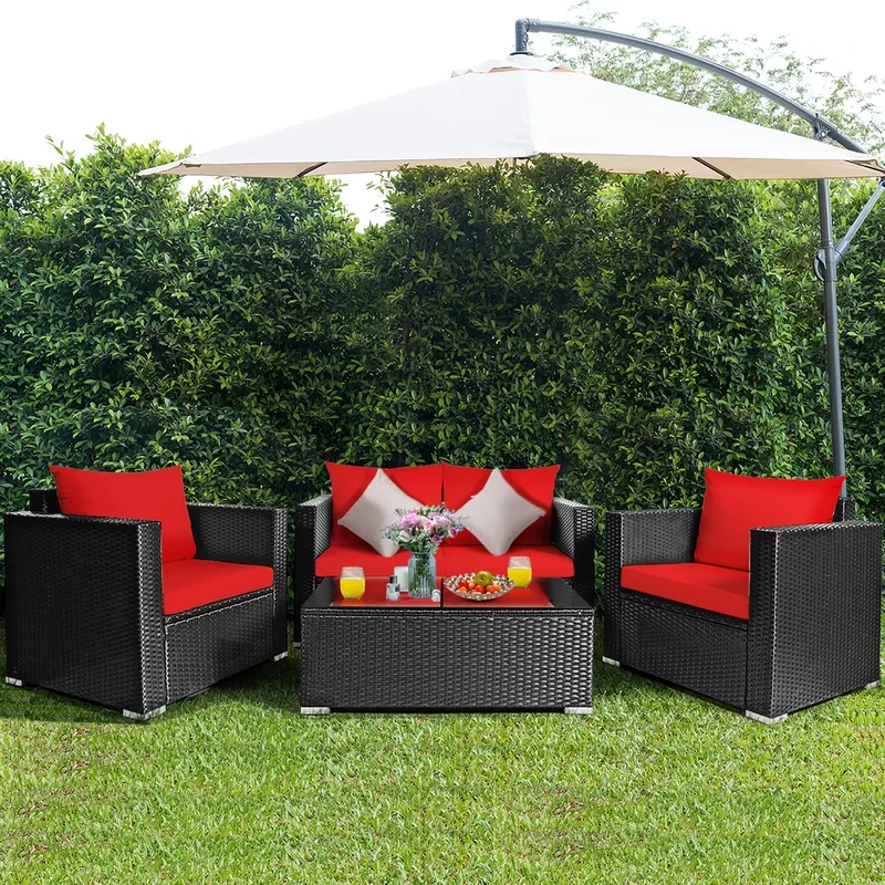 8pcs Rattan Patio Conversation Set Outdoor Furniture Set W/ Turquoise Cushions