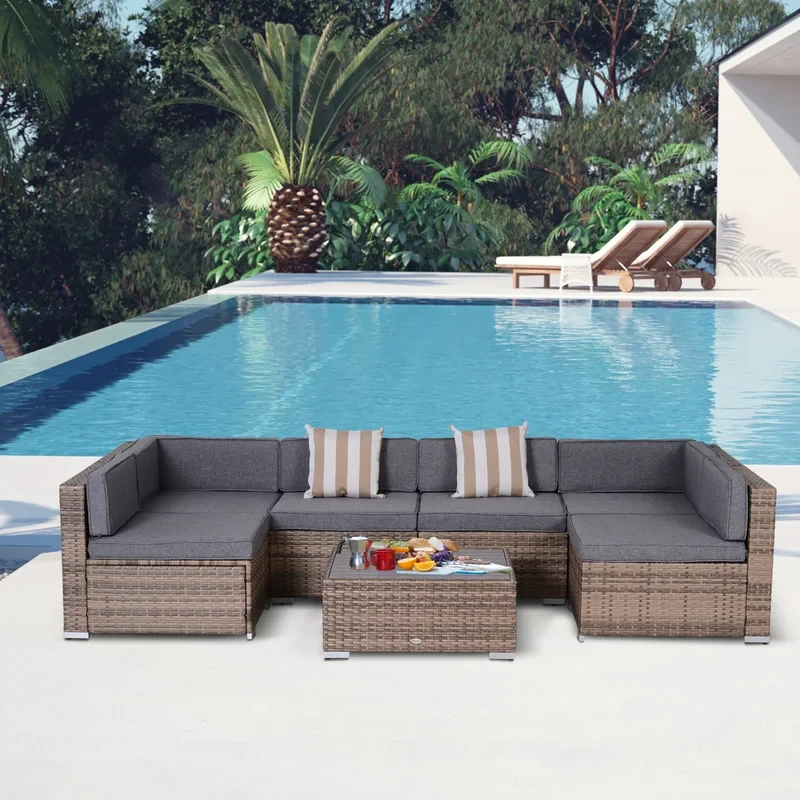 Latitude Run® 7 Pieces Garden Wicker Sectional Sofa Set Patio Outdoor Furniture All Weather With Cushion, Beige