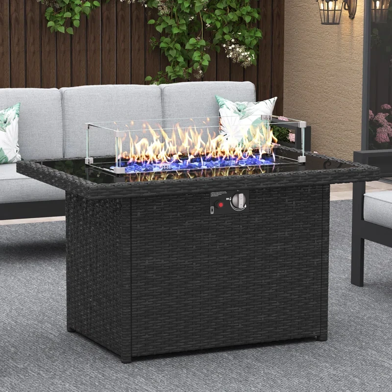 44" Propane Gas Fire Pit Table, 55000 Btu Rectangular Fire Pit With Glass Wind Guard For Outside Patio Deck Garden Backyard