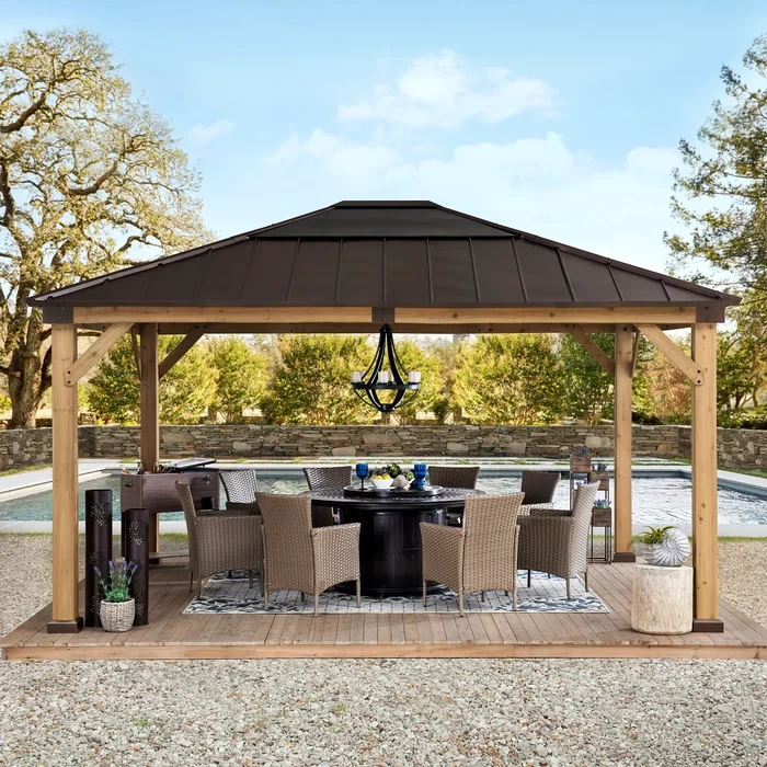 Sunjoy Brown 13 ft. x 15 ft. Patio Cedar Framed Polycarbonate Hip Roof Hardtop Gazebo