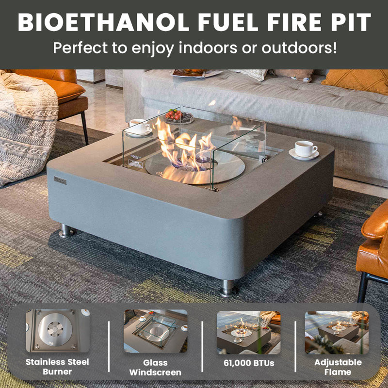 Envelor 14'' H x 40'' W Concrete Bio-ethanol Fuel Outdoor Fire Pit Table with Windscreen and Lid