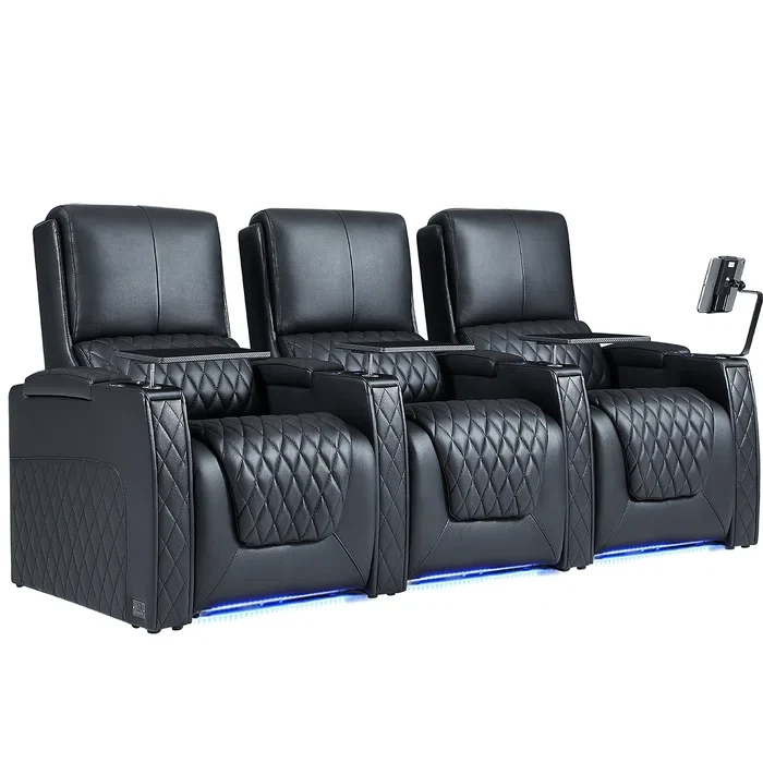 Leather Power Reclining Home Theater Seating with Cup Holder (Set of 3)