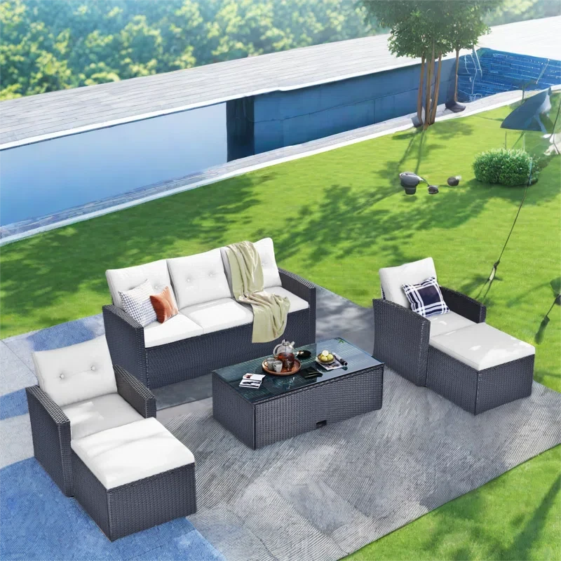 Breze 6-piece Outdoor Conversation Sectional Set with Coffee table, Wicker Sofas, Ottomans and Cushions