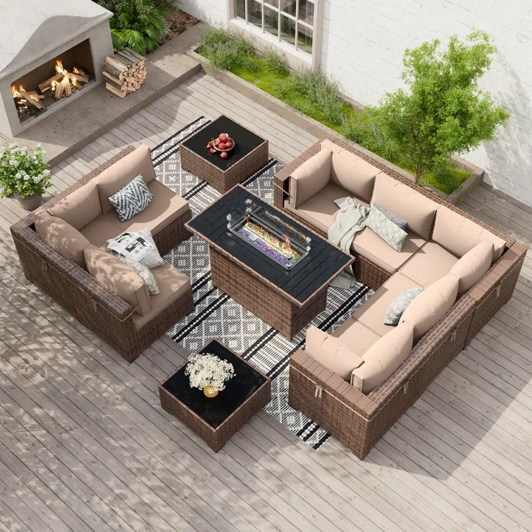 Mecayla 8-Person Rattan Wicker Set with Fire Pit Table