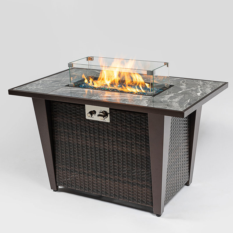 42Inch Rattan Fire Pit Table With Ceramic Tile Tabletop, Glass Wind Guard And Rain Cover, Lid