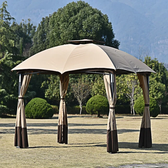 10Ft W x 12Ft L Outdoor Double Vents Gazebo Patio Metal Canopy With Screen And LED Lights