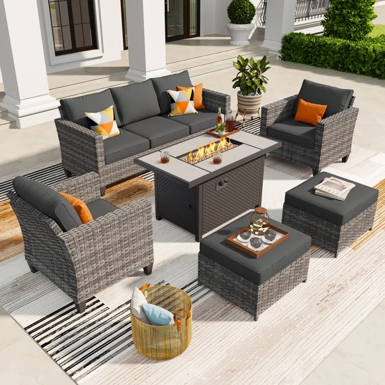 Townsey 5 Piece Rattan Sofa Seating Group with Cushions and Firepit