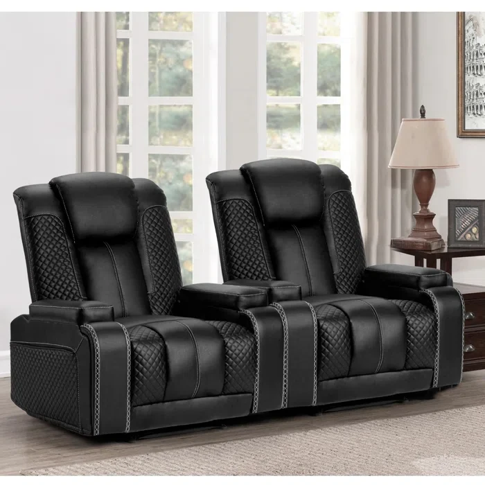 37'' Wide Modern And Overstuffed Breathable Leather Reclining Home Theater Seat With Cup Holder (Set Of 2)