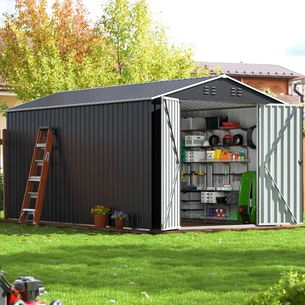 76.6" H x 98.4" W x 144.5" D Outdoor Metal Storage Shed with Updated Frame Structure and Lockable Doors