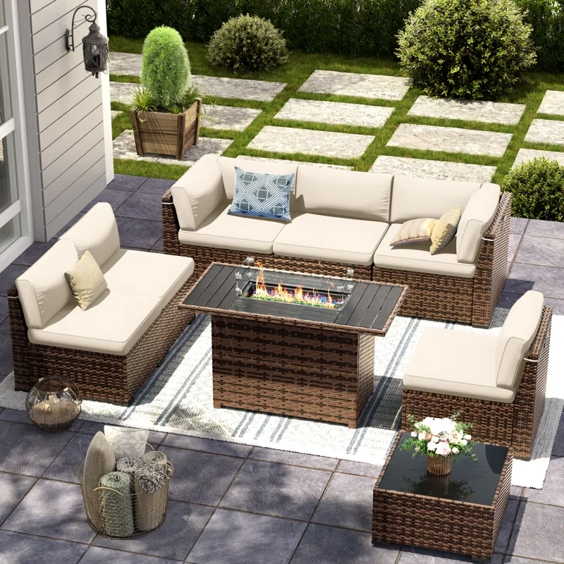 6 person Rattan Sectional Seating Group with Cushions