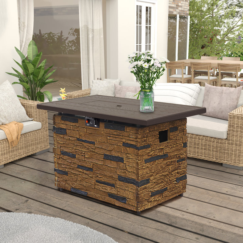 43 Inch Propane Gas Fire Pit Table, Outdoor 5,000 BTU Rectangular Fire Pit With Glass Wind Guard, Glass Rocks and Lid