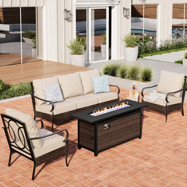 Arwand Outdoor Patio Conversation Set with Fire Pit Table & Optional Ottomans