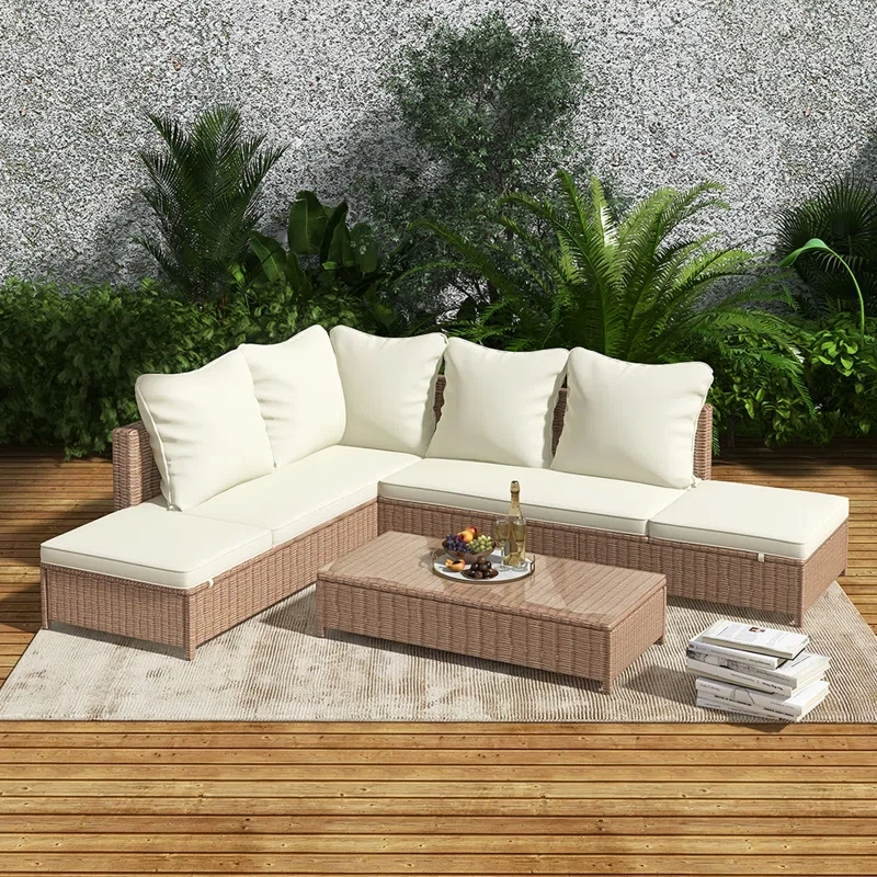 3-Piece Rattan Outdoor Sectional Seating Group With Beige Cushions