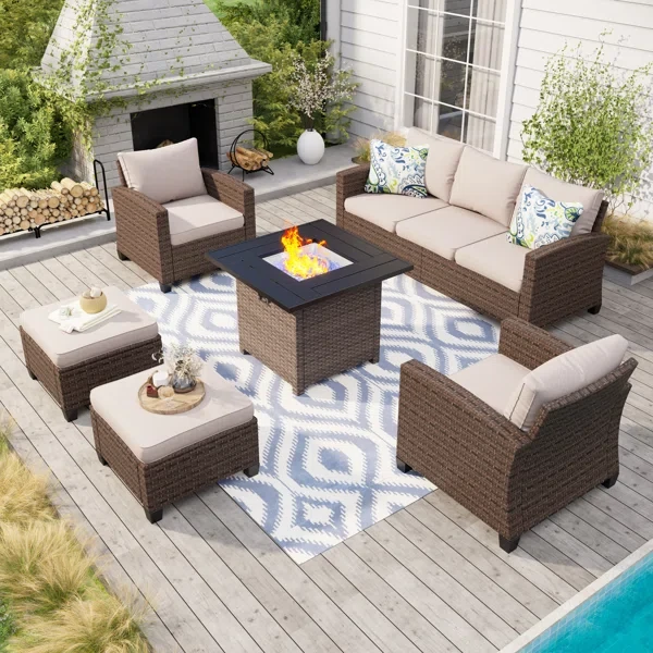 Argyri 6 Piece Rattan Outdoor Wicker Patio Conversation Furniture Set with Fire Pit Table