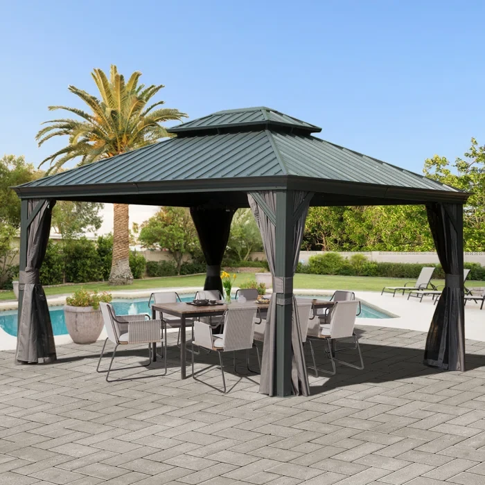 Aluminum Galvanized Steel Patio Gazebo with Double Roof Dark Gray 20 (ft) x 12 (ft)