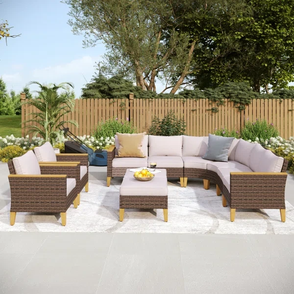 Argyri 9 Piece Wicker Outdoor Patio Furniture Set, Stylish Rattan Sectional Patio Set with Beige Cushions