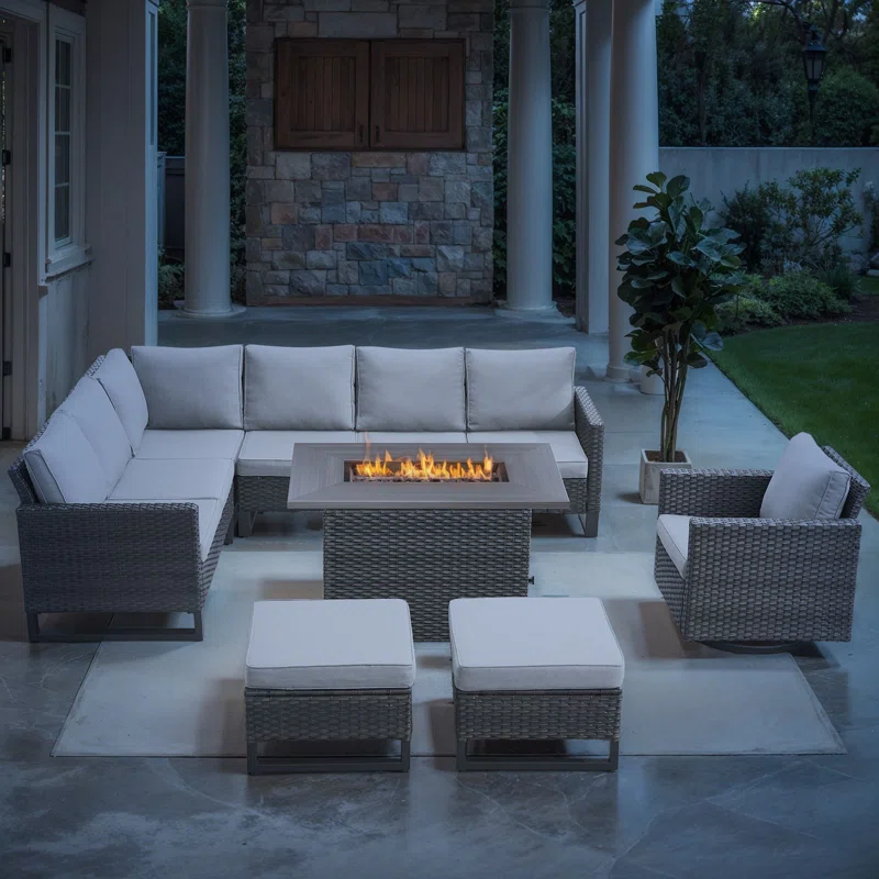 Hansencamp 8 - Person Outdoor Sectional Seating Group With Fire Pit With Swivel Glide Chair And Cushions