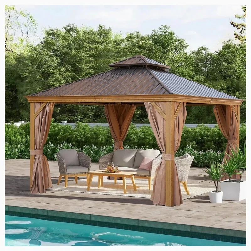 12x12ft Patio Gazebo, Steel Canopy, Permanent Hardtop