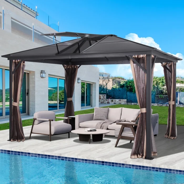 Aluminum Patio Gazebo with Breathable Netting & Polycarbonate Skylight