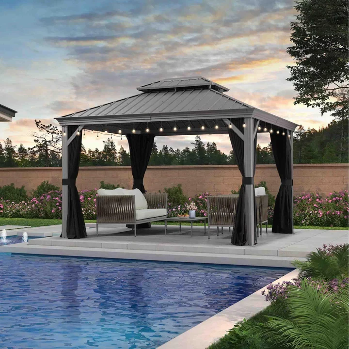 PURPLE LEAF Patio Gazebo for Backyard | Hardtop Galvanized Steel Frame with String Lights | Light Grey