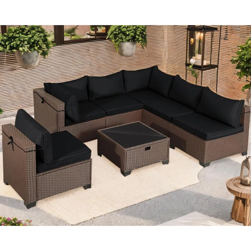 Outdoor 7 Pieces Wicker Patio Sectional Sofa Conversation Set with Cushions and Storage