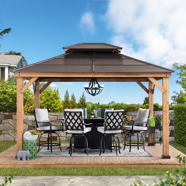 Sunjoy 11 ft. x 13 ft. Patio Brown 2-Tier Cedar Framed Hardtop Gazebo