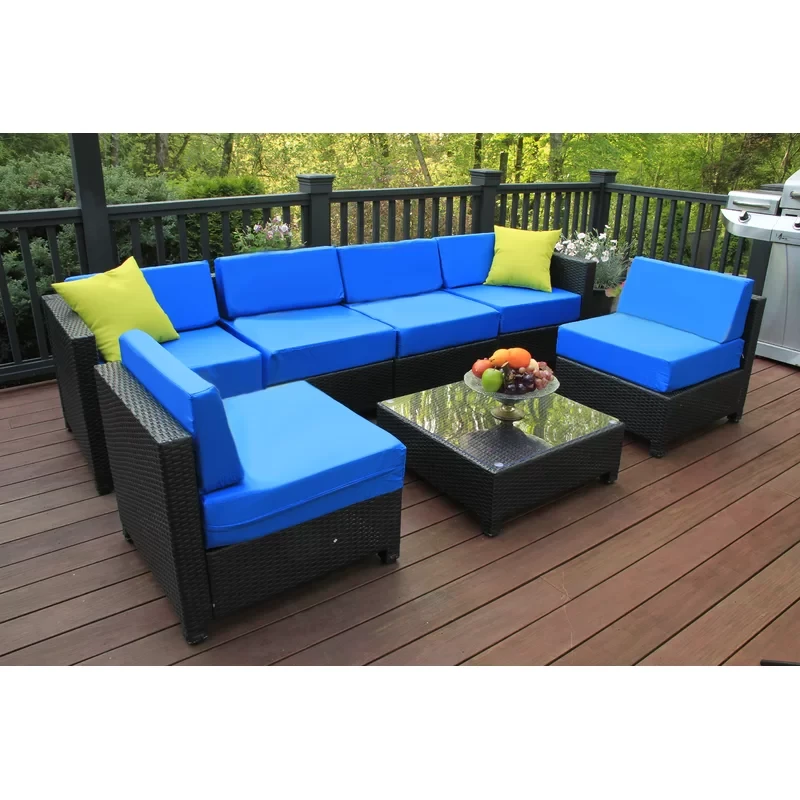 Lelusa 7 Piece Patio Wicker Outdoor Sectional Seating Group with Cushions Glass Coffee Table